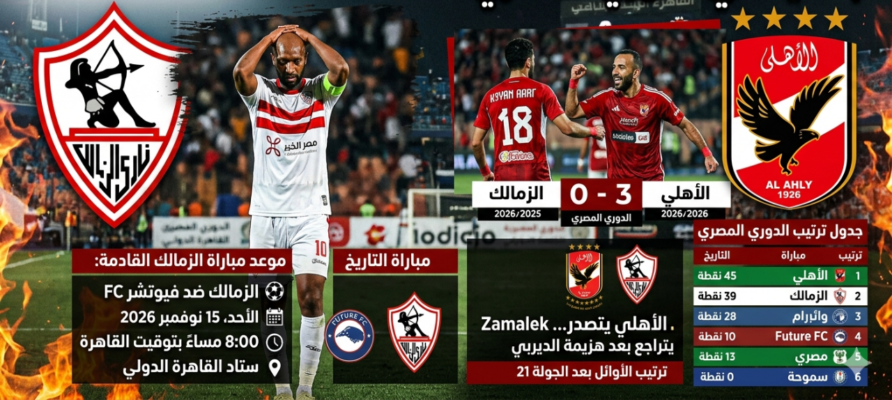 بعد سقوط القمة أمام الأهلي بثلاثية.. موعد مباراة الزمالك القادمة وترتيب الدوري المصري 2026
