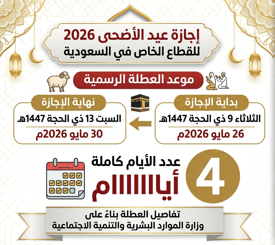 موعد إجازة عيد الأضحى 2026 في السعودية للقطاع الخاص وعدد أيام العطلة الرسمية