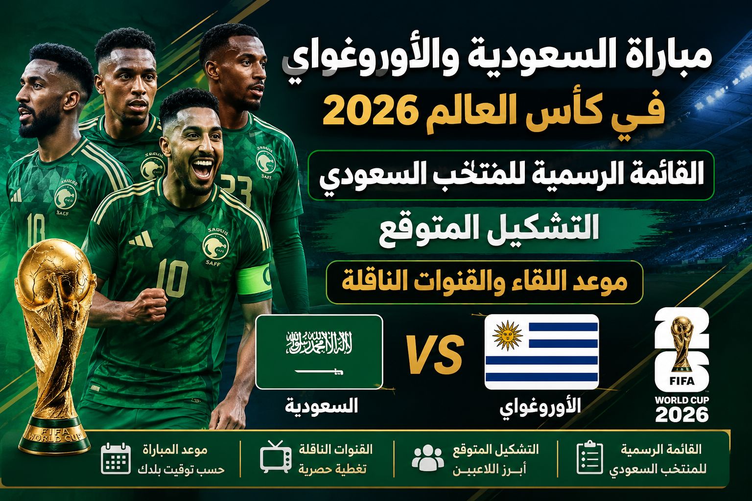 مباراة السعودية والأوروغواي في كأس العالم 2026.. القائمة الرسمية للمنتخب السعودي والتشكيل المتوقع وموعد اللقاء والقنوات الناقلة