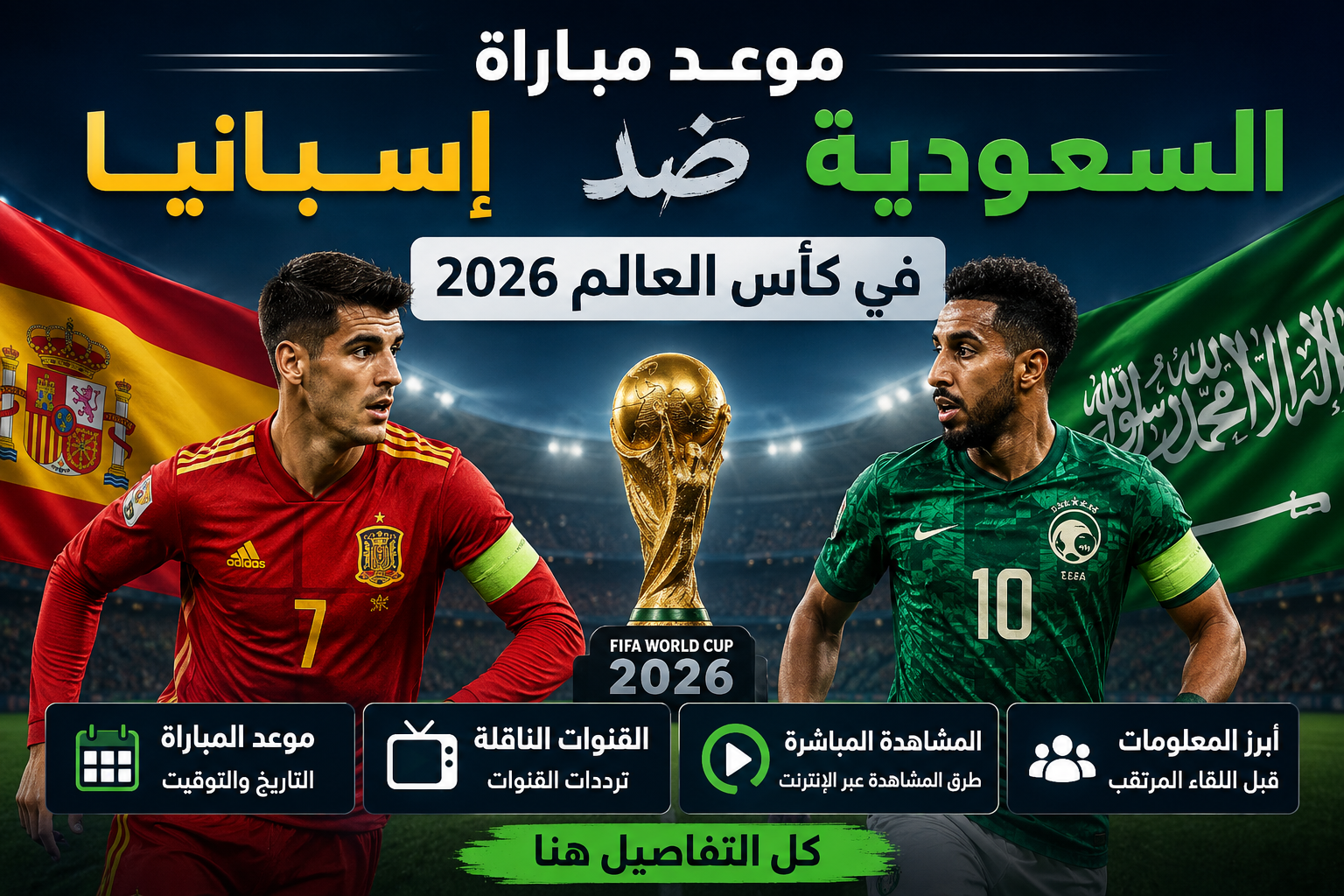 موعد مباراة السعودية ضد إسبانيا في كأس العالم 2026 والقنوات الناقلة وطرق المشاهدة المباشرة بالتفصيل وأبرز المعلومات قبل اللقاء المرتقب