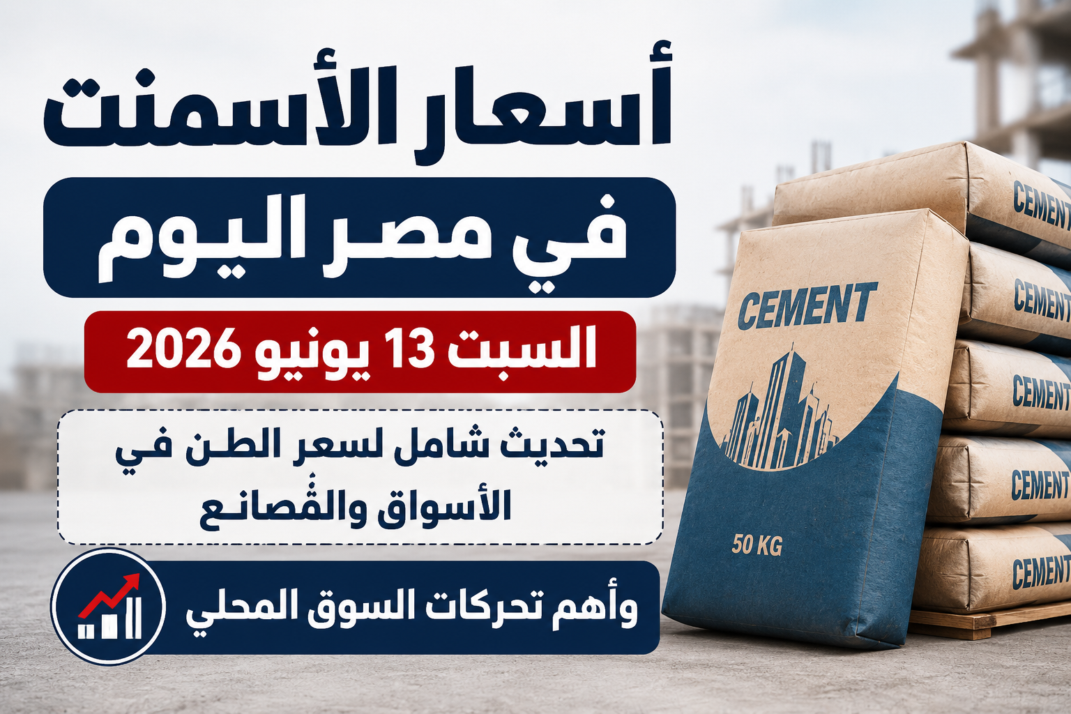 أسعار الأسمنت في مصر اليوم السبت 13 يونيو 2026.. تحديث شامل لسعر الطن في الأسواق والمصانع وأهم تحركات السوق المحلي