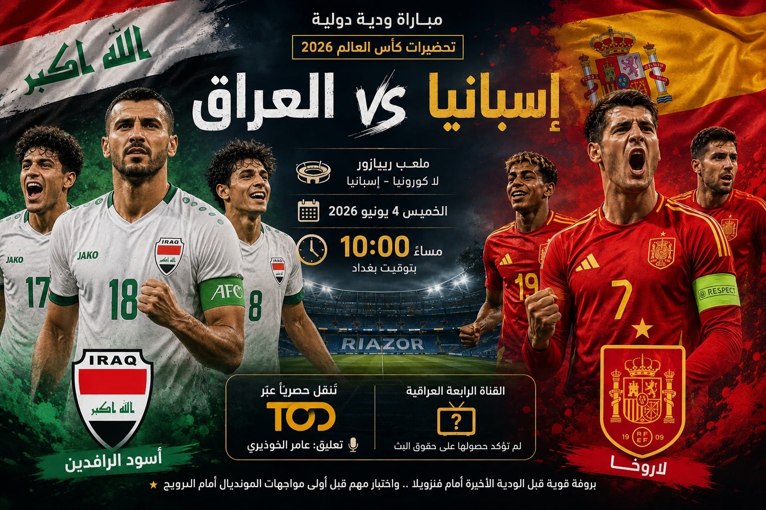القنوات الناقلة لمباراة العراق وإسبانيا 2026 والقائمة النهائية قبل كأس العالم