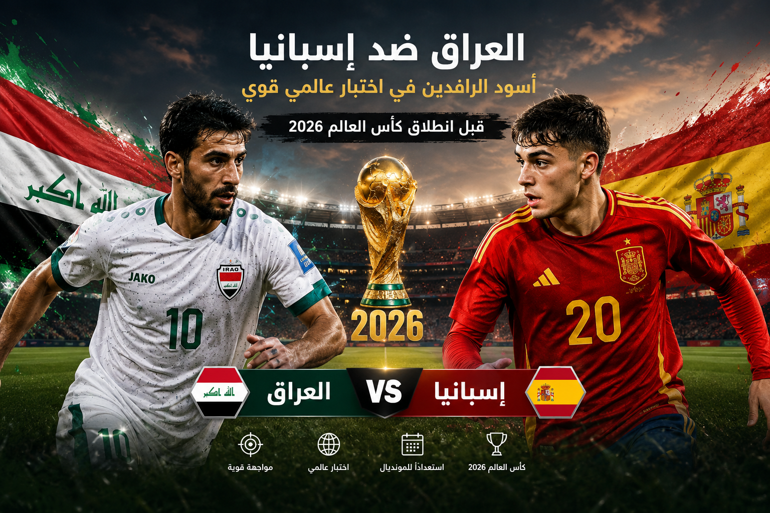 القنوات الناقلة لمباراة العراق ضد إسبانيا الودية اليوم 2026 وموعد اللقاء والتشكيلة المتوقعة قبل كأس العالم