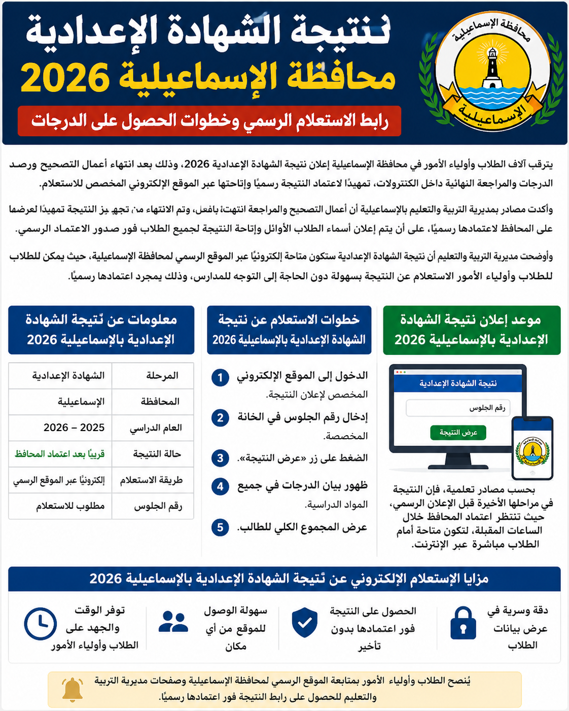 ظهرت الآن نتيجة الشهادة الإعدادية الإسماعيلية 2026 بالاسم ورقم الجلوس.. استعلم فورًا بعد الاعتماد الرسمي