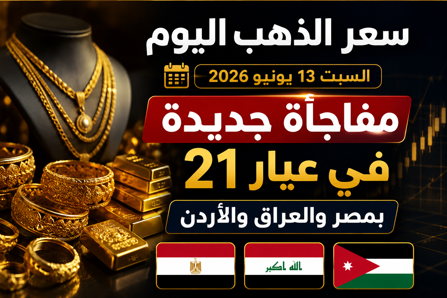 سعر الذهب اليوم السبت 13 يونيو 2026.. مفاجأة جديدة في عيار 21 بمصر والعراق والأردن