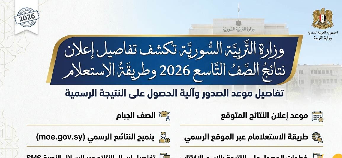 نتائج الصف التاسع 2026 سوريا.. وزارة التربية تعلن موعد ظهور النتائج وخطوات الاستعلام الرسمية