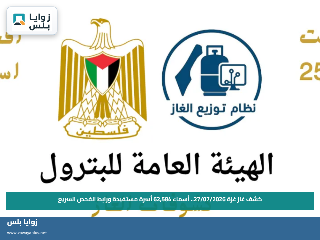 كشف غاز غزة 27/07/2026.. أسماء 62,584 أسرة مستفيدة ورابط الفحص السريع