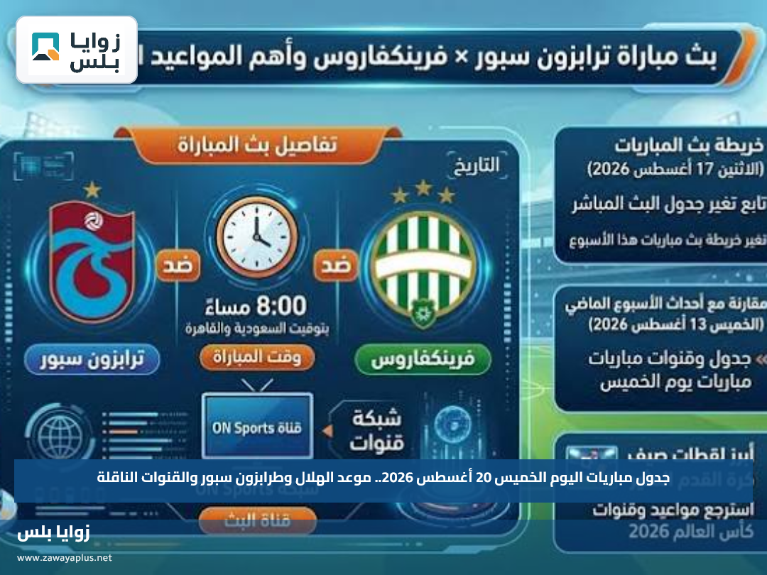 جدول مباريات اليوم الخميس 20 أغسطس 2026.. موعد الهلال وطرابزون سبور والقنوات الناقلة