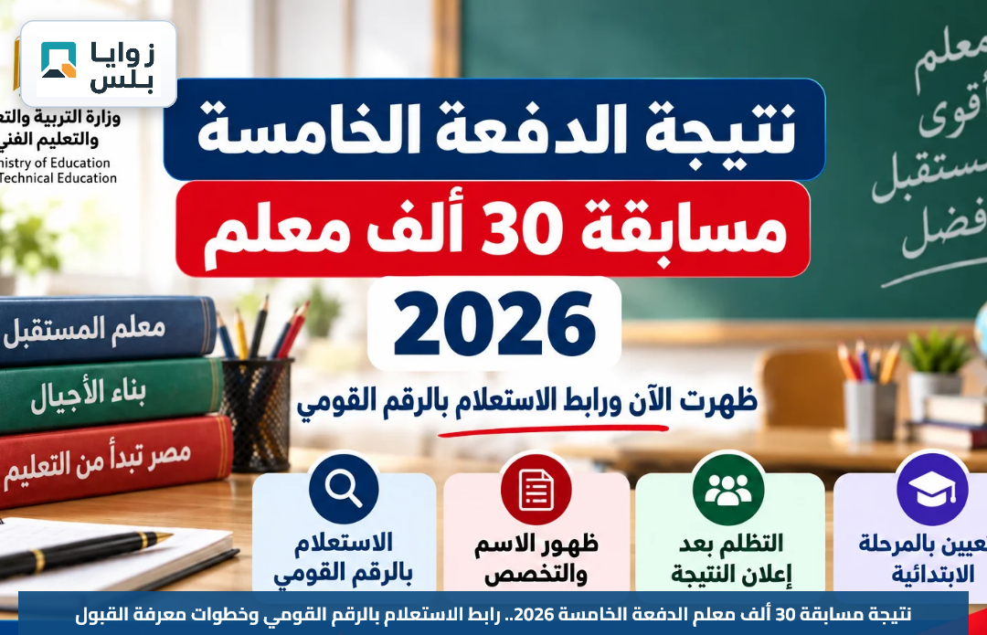 نتيجة مسابقة 30 ألف معلم الدفعة الخامسة 2026.. رابط الاستعلام بالرقم القومي وخطوات معرفة القبول