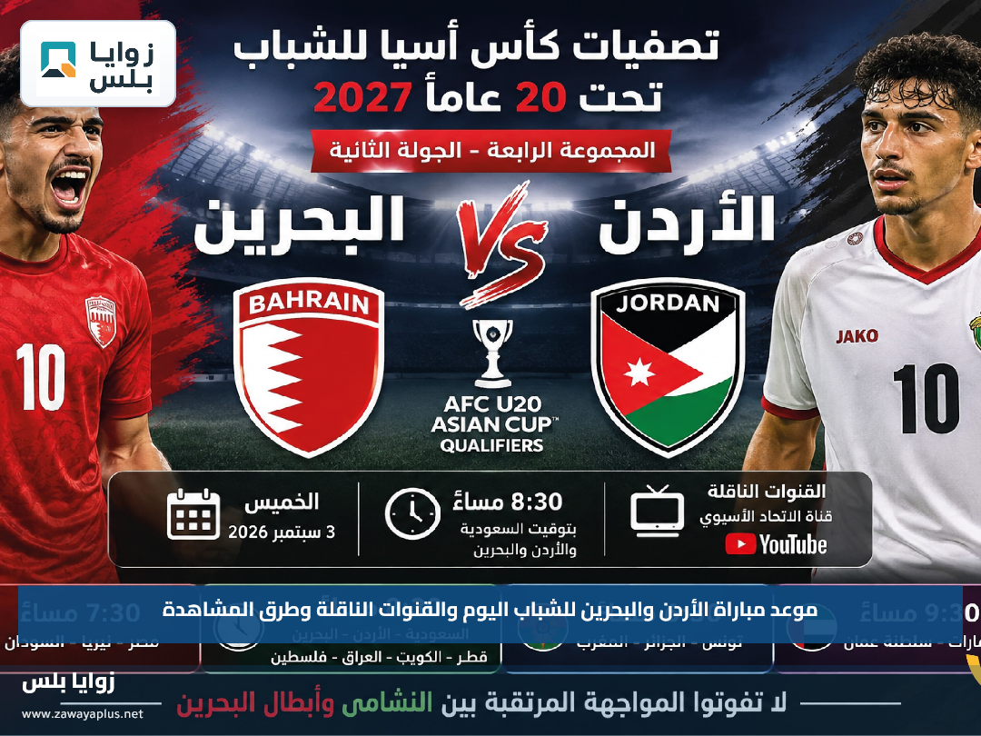 موعد مباراة الأردن والبحرين للشباب اليوم والقنوات الناقلة وطرق المشاهدة
